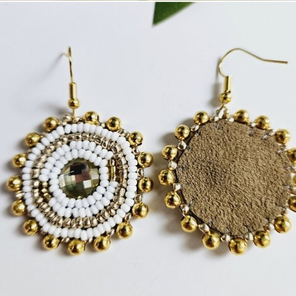 2/$27 | White + Gold Beaded Bohemian Indigenous Native Hoop Earrings | Handmade - Picture 9 of 10
